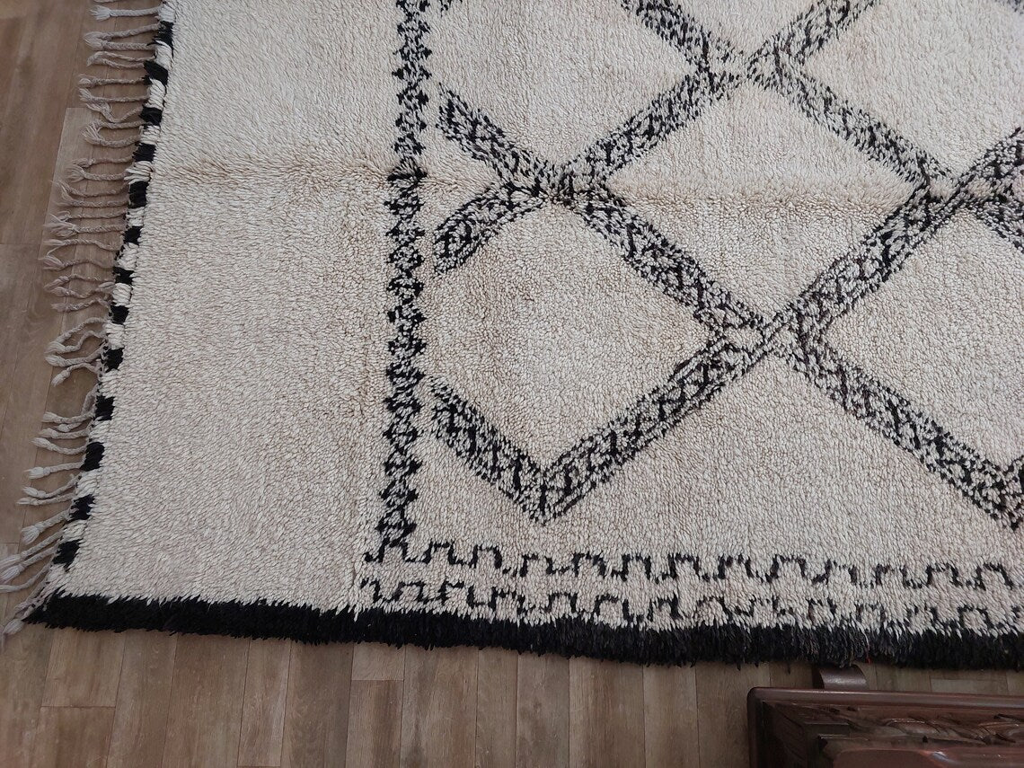 Beni Ourain Rug Handknotted Wool: Authentic Vintage Moroccan Carpet 6'6"X11'1" Lamb Wool MoroccanBazzArts