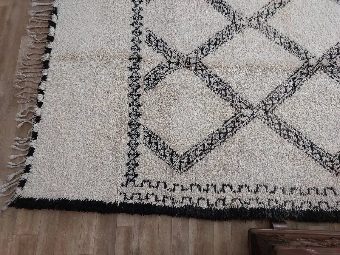 Beni Ourain Rug Handknotted Wool: Authentic Vintage Moroccan Carpet 6'6"X11'1" Lamb Wool MoroccanBazzArts