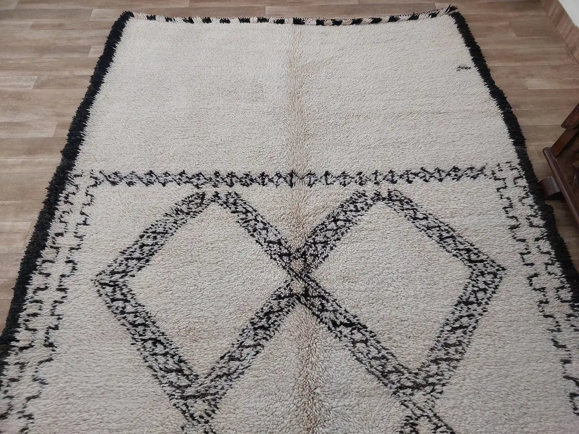 Beni Ourain Rug Handknotted Wool: Authentic Vintage Moroccan Carpet 6'6"X11'1" Lamb Wool MoroccanBazzArts