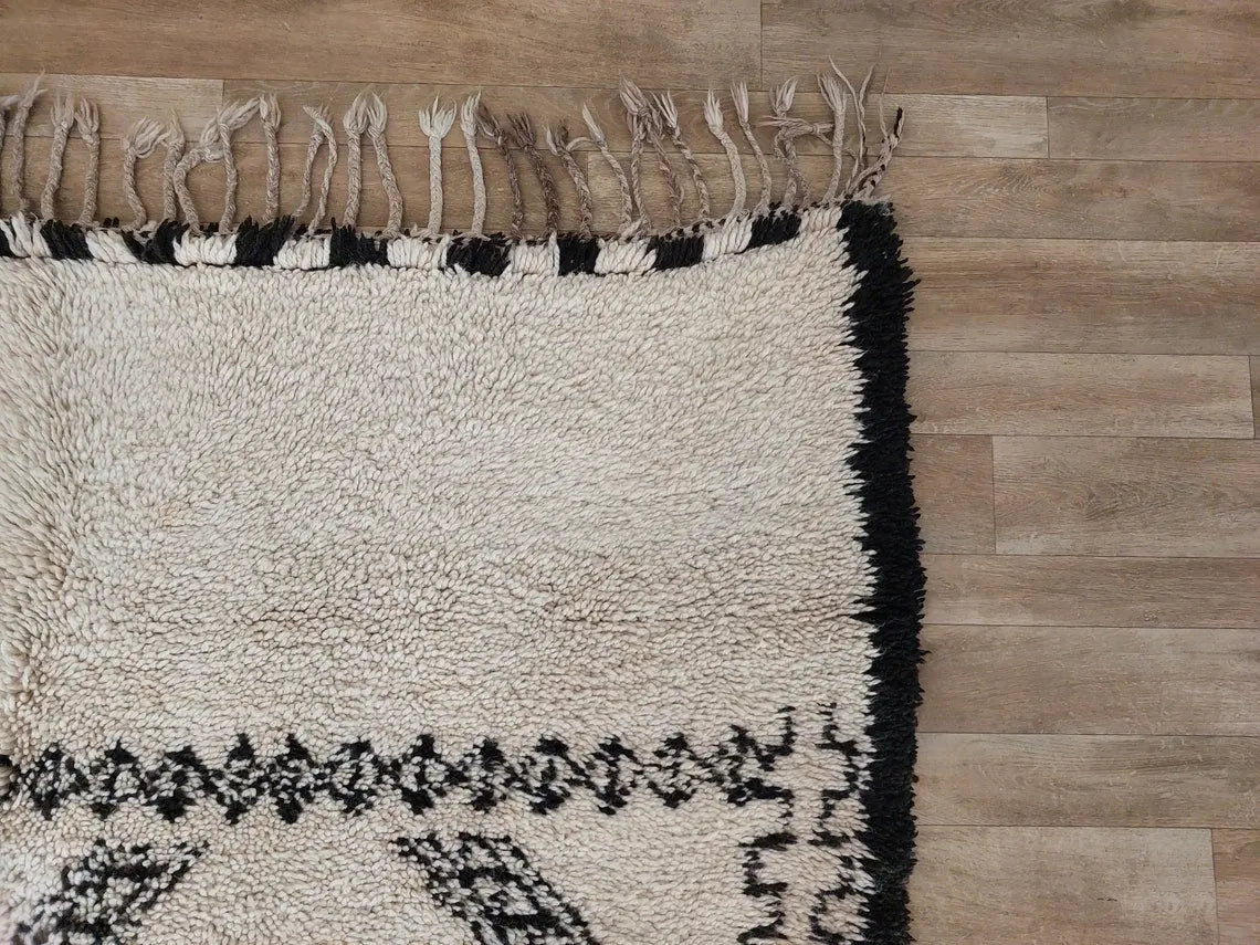 Beni Ourain Rug Handknotted Wool: Authentic Vintage Moroccan Carpet 6'6"X11'1" Lamb Wool MoroccanBazzArts