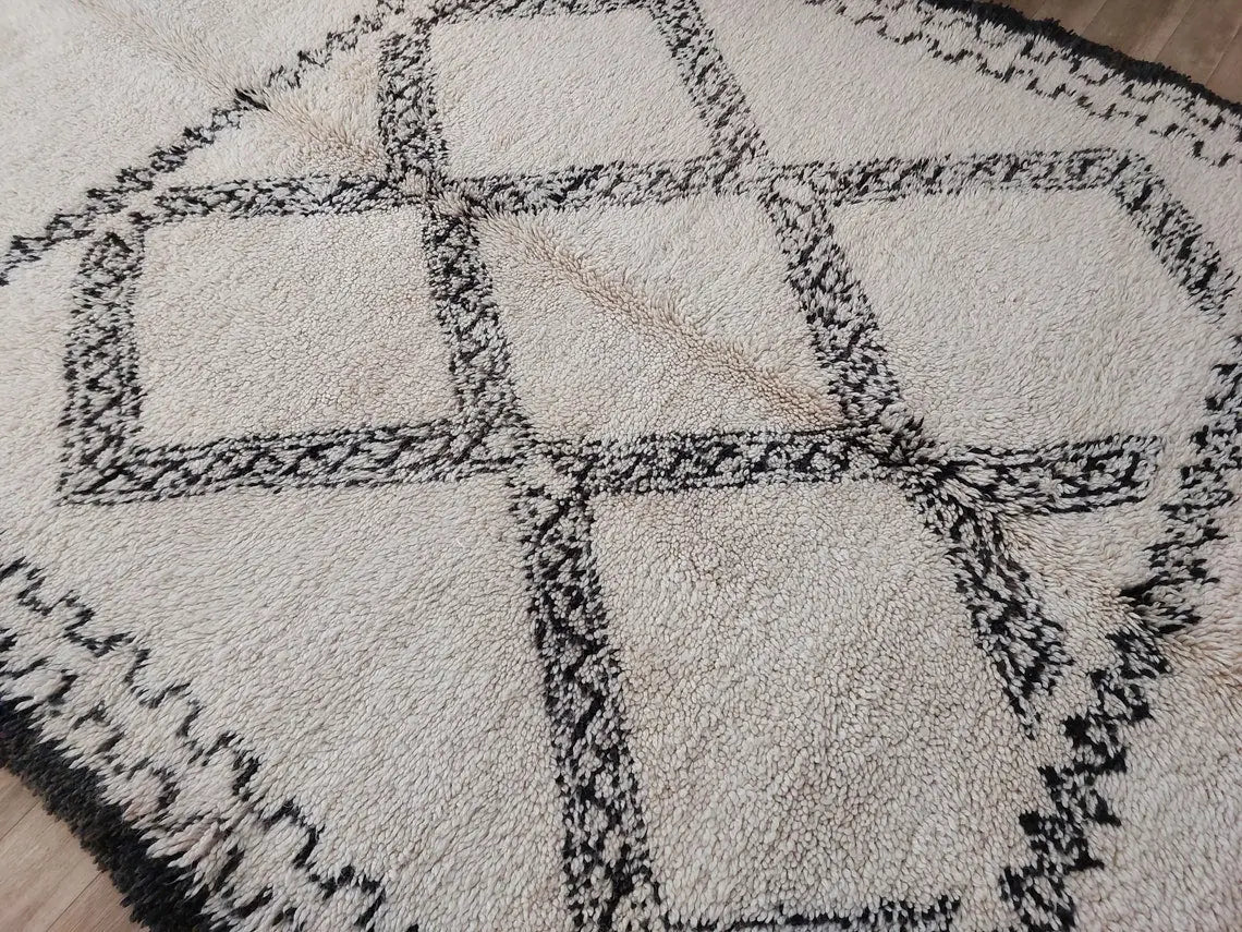 Beni Ourain Rug Handknotted Wool: Authentic Vintage Moroccan Carpet 6'6"X11'1" Lamb Wool MoroccanBazzArts