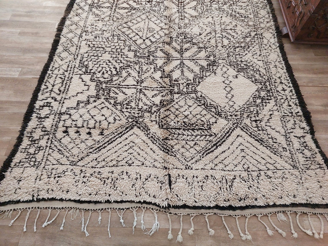 Beni Ourain Moroccan Wool Rug: Large Handwoven Geometric Ivory Brown Area Decor MoroccanBazzArts