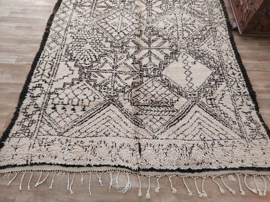 Beni Ourain Moroccan Wool Rug: Large Handwoven Geometric Ivory Brown Area Decor MoroccanBazzArts