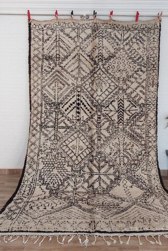 Beni Ourain Moroccan Wool Rug: Large Handwoven Geometric Ivory Brown Area Decor MoroccanBazzArts