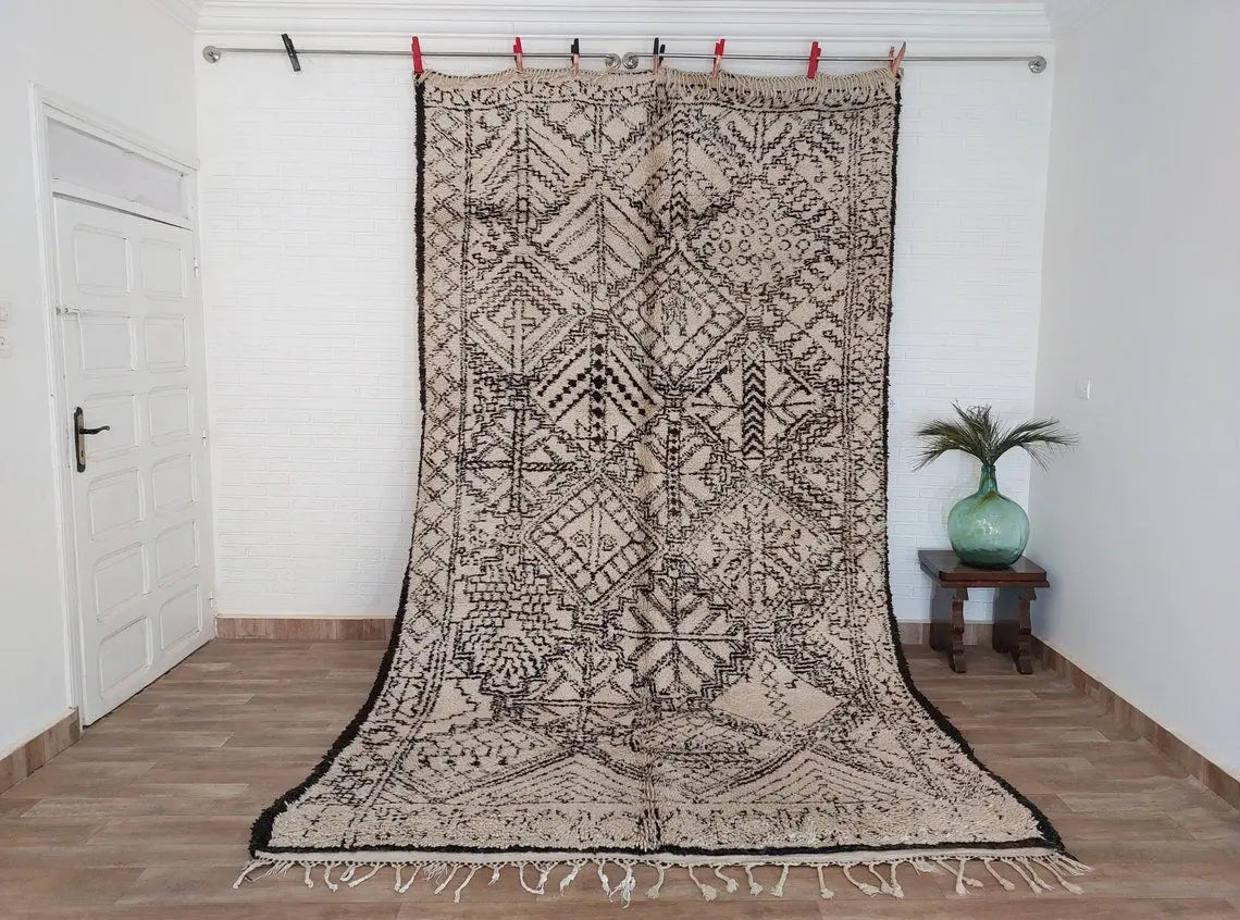 Beni Ourain Moroccan Wool Rug: Large Handwoven Geometric Ivory Brown Area Decor MoroccanBazzArts