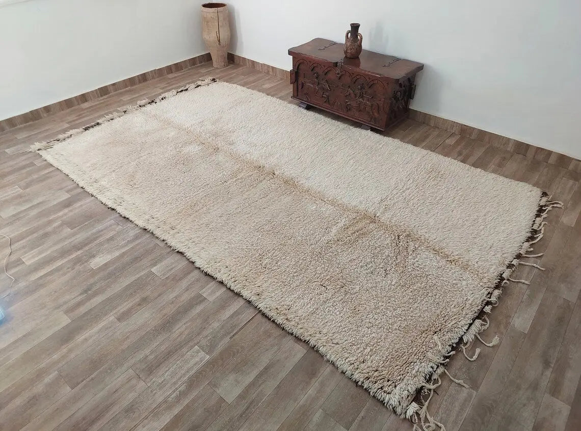 Beni Ourain Rug Genuine Lamb Wool: Vintage Moroccan Berber Carpet, Natural Fiber, Invisible Patterns MoroccanBazzArts