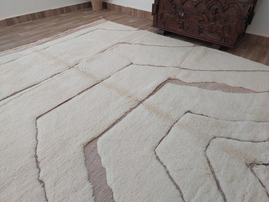Moroccan Wool Rug Beni Mrirt: Handmade Luxury Neutral Geometric Berber Area Carpet For Living Room MoroccanBazzArts