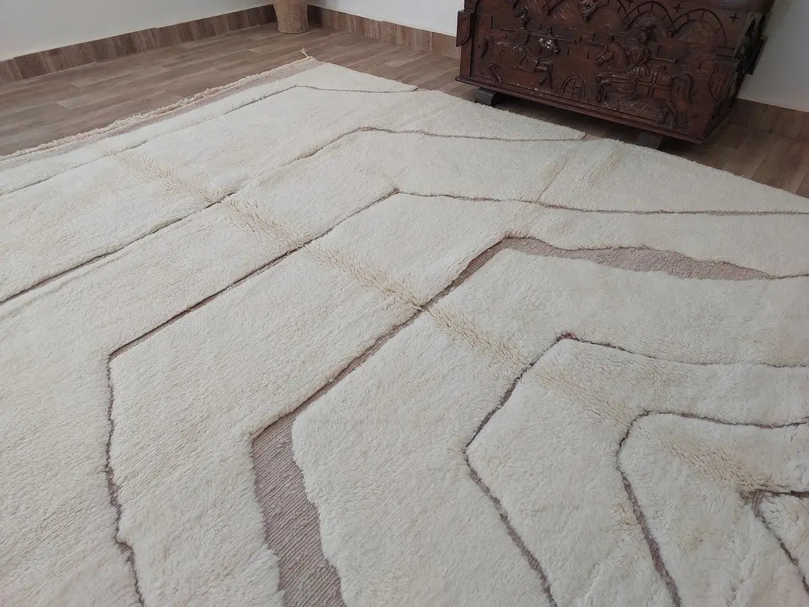Moroccan Wool Rug Beni Mrirt: Handmade Luxury Neutral Geometric Berber Area Carpet For Living Room MoroccanBazzArts