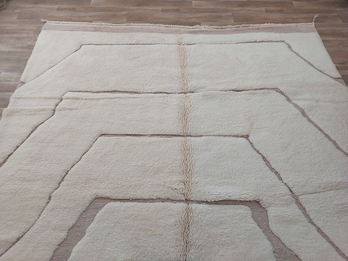 Moroccan Wool Rug Beni Mrirt: Handmade Luxury Neutral Geometric Berber Area Carpet For Living Room MoroccanBazzArts