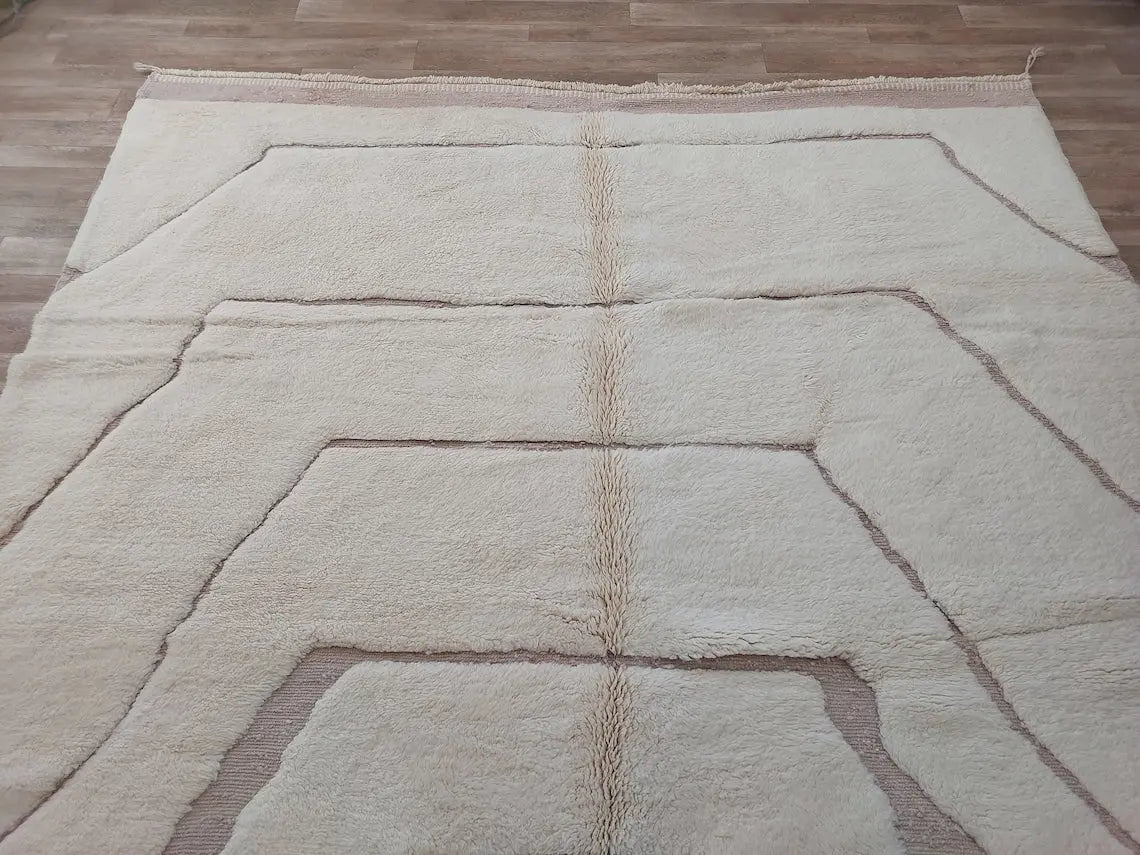 Moroccan Wool Rug Beni Mrirt: Handmade Luxury Neutral Geometric Berber Area Carpet For Living Room MoroccanBazzArts