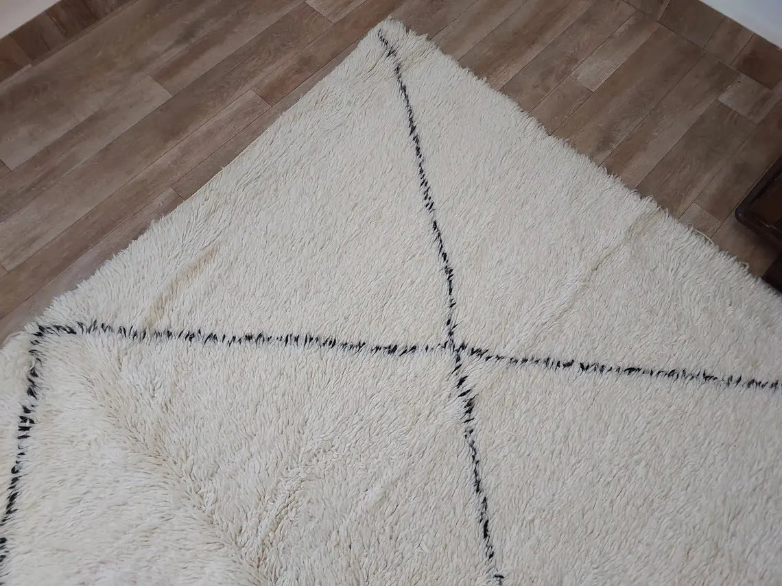 Authentic Beni Ourain Moroccan Rug: Handmade Wool Berber Carpet For Living Room, White & Black, 7.5x10.9 MoroccanBazzArts