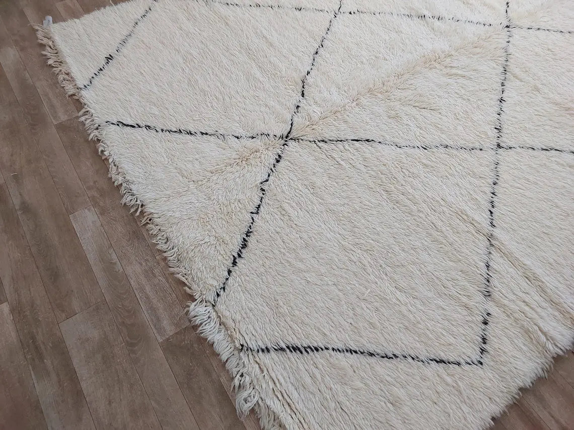 Authentic Beni Ourain Moroccan Rug: Handmade Wool Berber Carpet For Living Room, White & Black, 7.5x10.9 MoroccanBazzArts