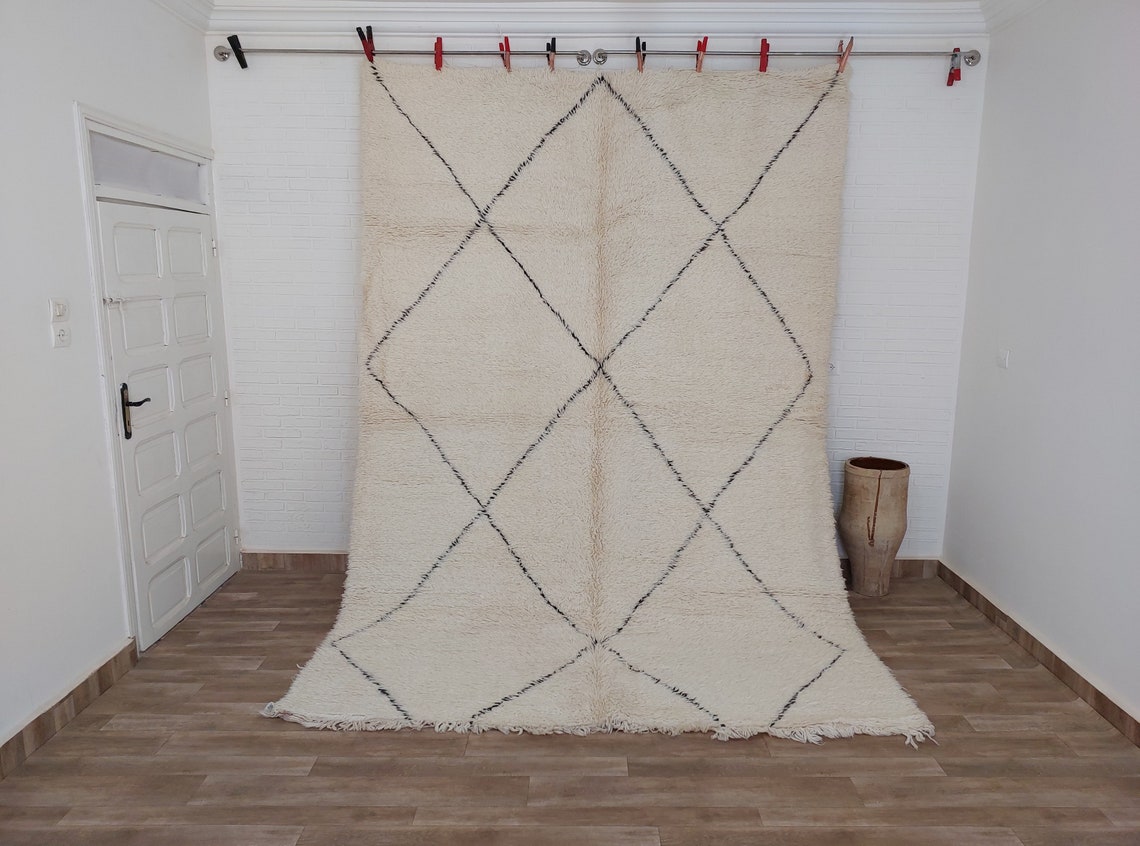Authentic Beni Ourain Moroccan Rug: Handmade Wool Berber Carpet For Living Room, White & Black, 7.5x10.9 MoroccanBazzArts