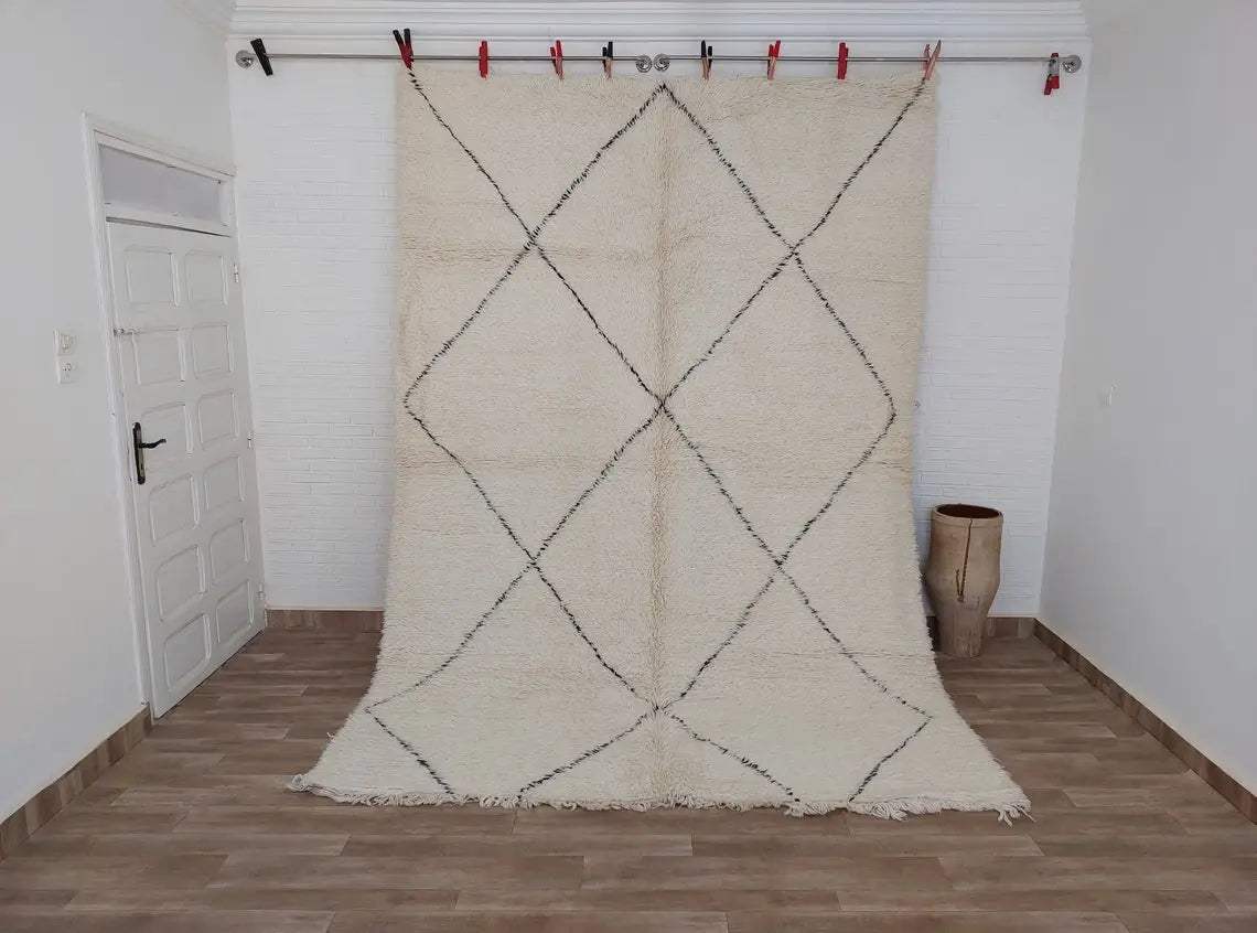 Authentic Beni Ourain Moroccan Rug: Handmade Wool Berber Carpet For Living Room, White & Black, 7.5x10.9 MoroccanBazzArts