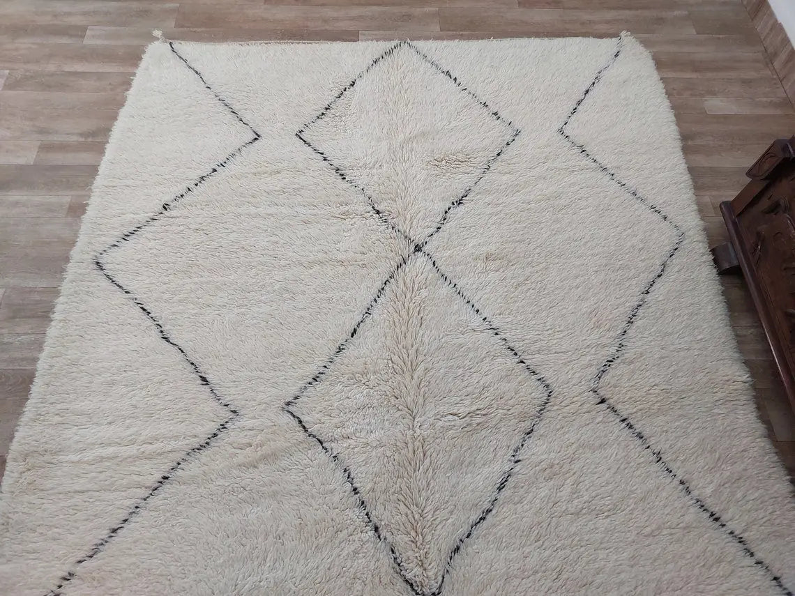 Authentic Vintage Moroccan Beni Ourain Rug: Distressed Wool Carpet, Timeless Style, 6.2 X 9.4 Ft MoroccanBazzArts