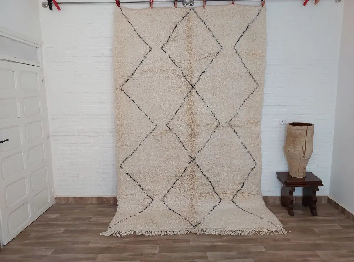 Authentic Vintage Moroccan Beni Ourain Rug: Distressed Wool Carpet, Timeless Style, 6.2 X 9.4 Ft MoroccanBazzArts