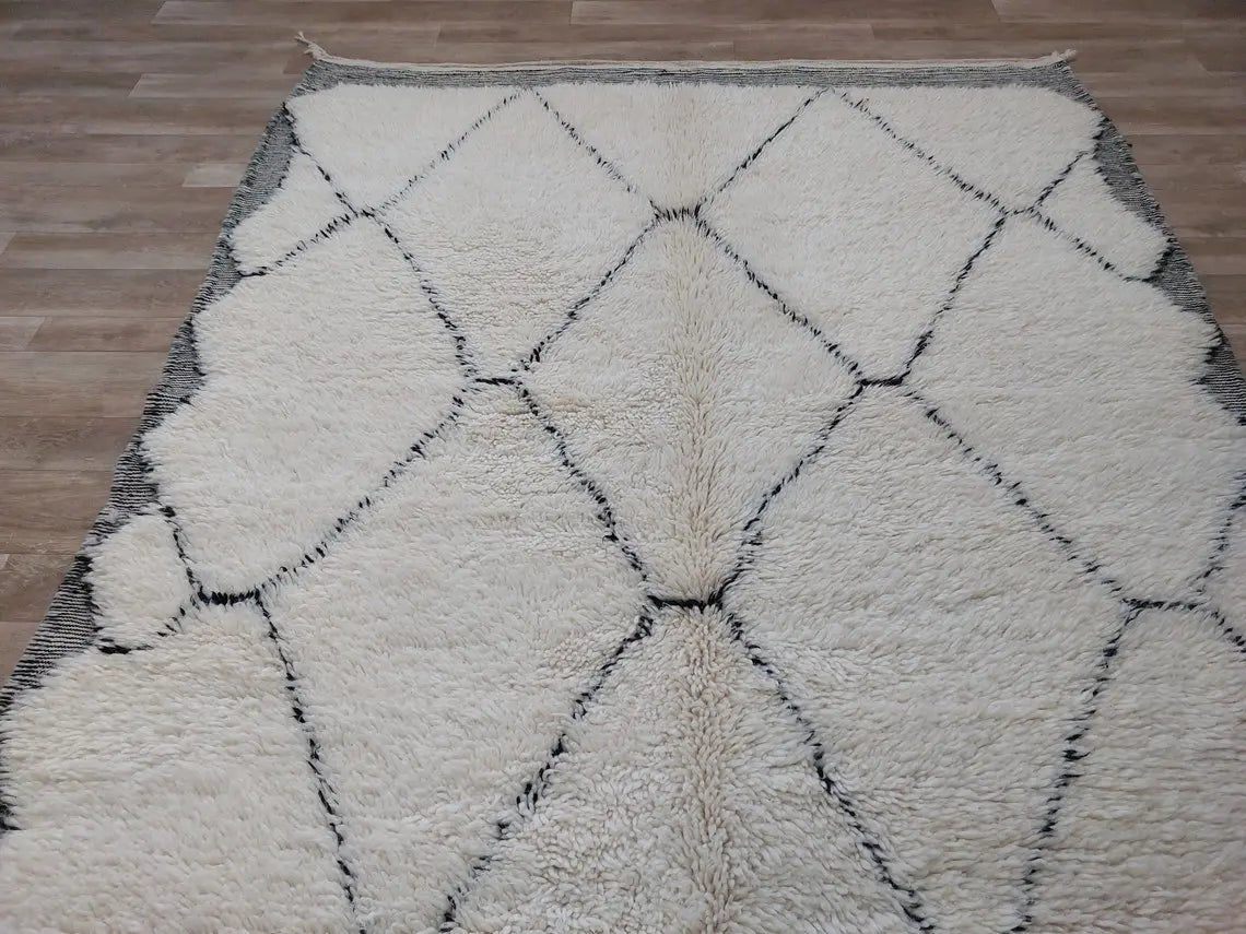 White Berber Wool Rug - Handmade Moroccan Beni Ourain Carpet 5.4x8.2ft Area Rug MoroccanBazzArts