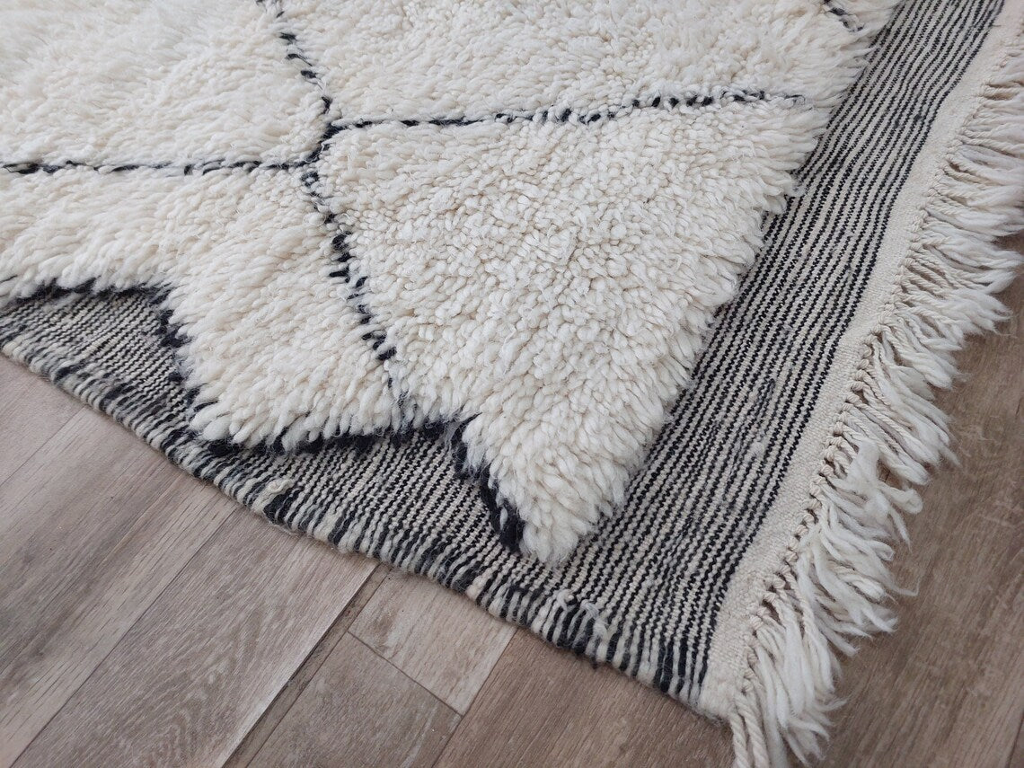 White Berber Wool Rug - Handmade Moroccan Beni Ourain Carpet 5.4x8.2ft Area Rug MoroccanBazzArts