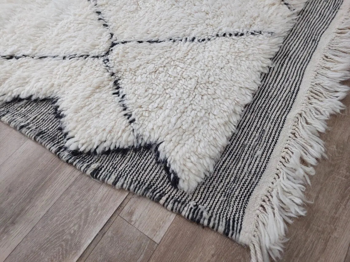 White Berber Wool Rug - Handmade Moroccan Beni Ourain Carpet 5.4x8.2ft Area Rug MoroccanBazzArts