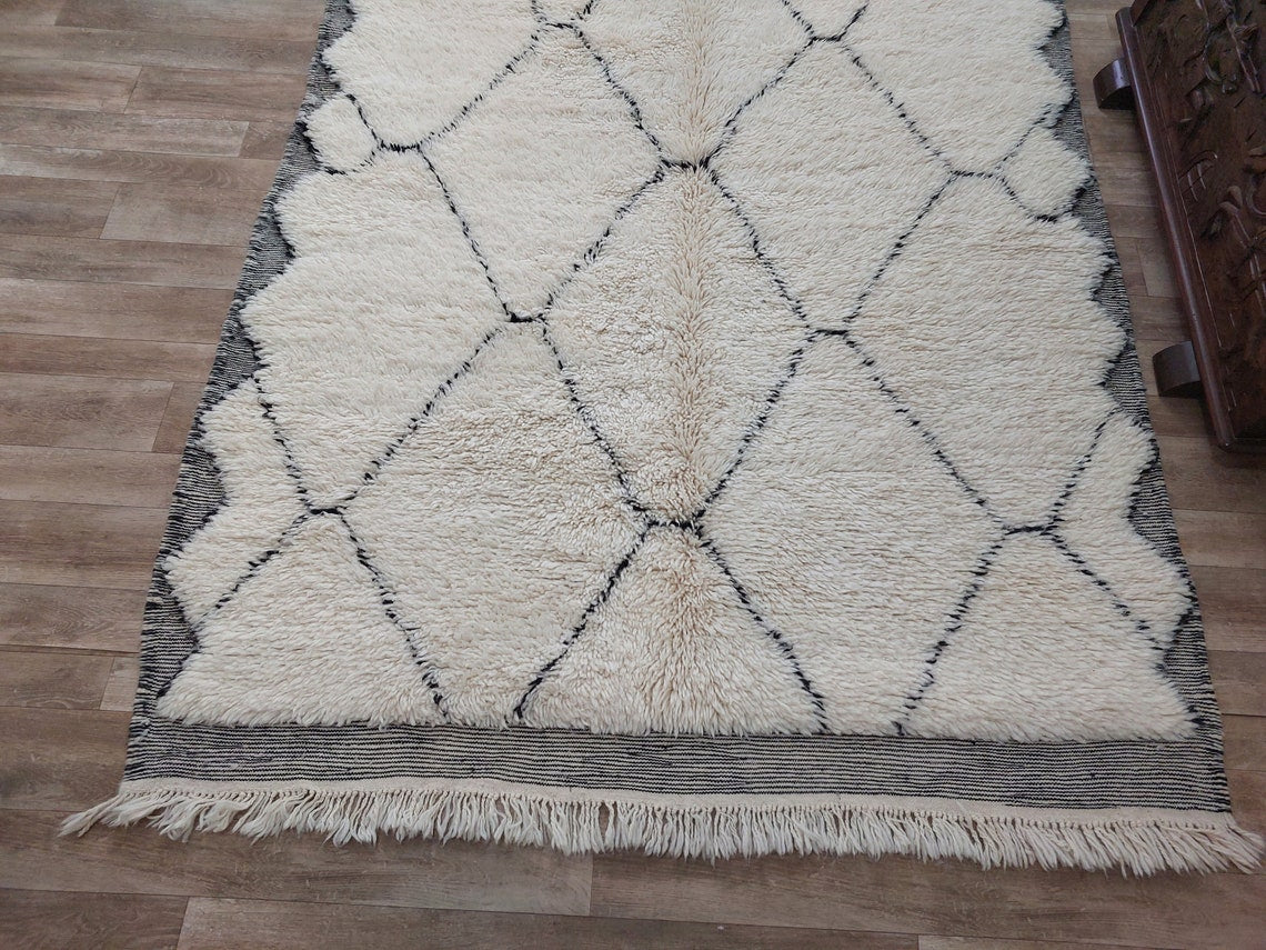 White Berber Wool Rug - Handmade Moroccan Beni Ourain Carpet 5.4x8.2ft Area Rug MoroccanBazzArts