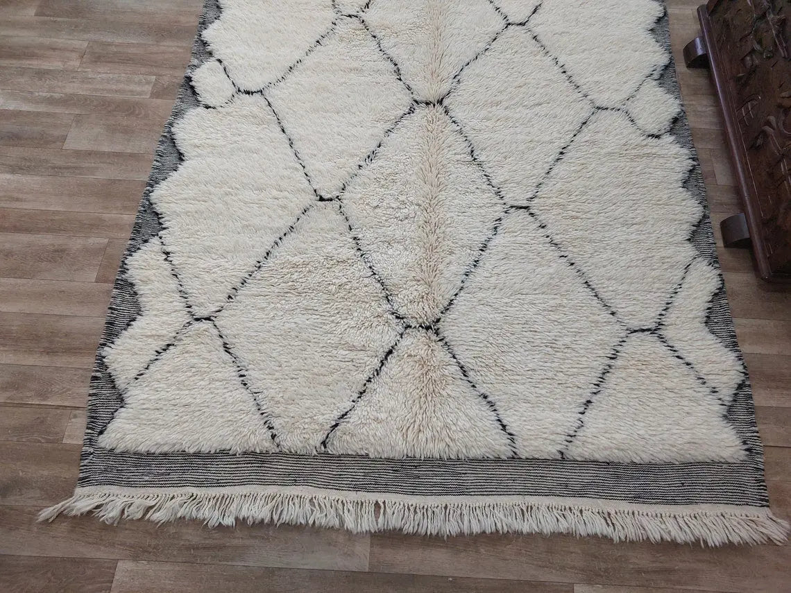 White Berber Wool Rug - Handmade Moroccan Beni Ourain Carpet 5.4x8.2ft Area Rug MoroccanBazzArts