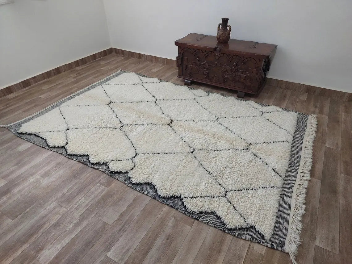 White Berber Wool Rug - Handmade Moroccan Beni Ourain Carpet 5.4x8.2ft Area Rug MoroccanBazzArts