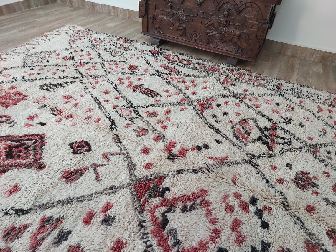Berber Geometric Rug 6'10"X8'10" Wool: Handmade Moroccan Seghrouchen, Ivory Area Bohemian Decor, Traditional Artisan Statement MoroccanBazzArts