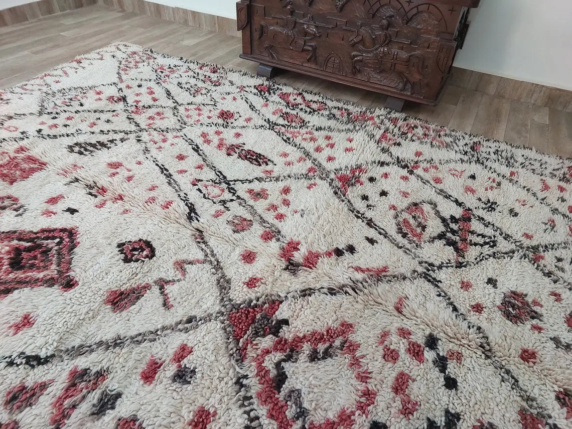 Berber Geometric Rug 6'10"X8'10" Wool: Handmade Moroccan Seghrouchen, Ivory Area Bohemian Decor, Traditional Artisan Statement MoroccanBazzArts