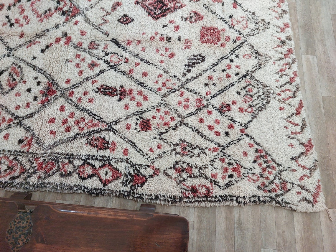 Berber Geometric Rug 6'10"X8'10" Wool: Handmade Moroccan Seghrouchen, Ivory Area Bohemian Decor, Traditional Artisan Statement MoroccanBazzArts