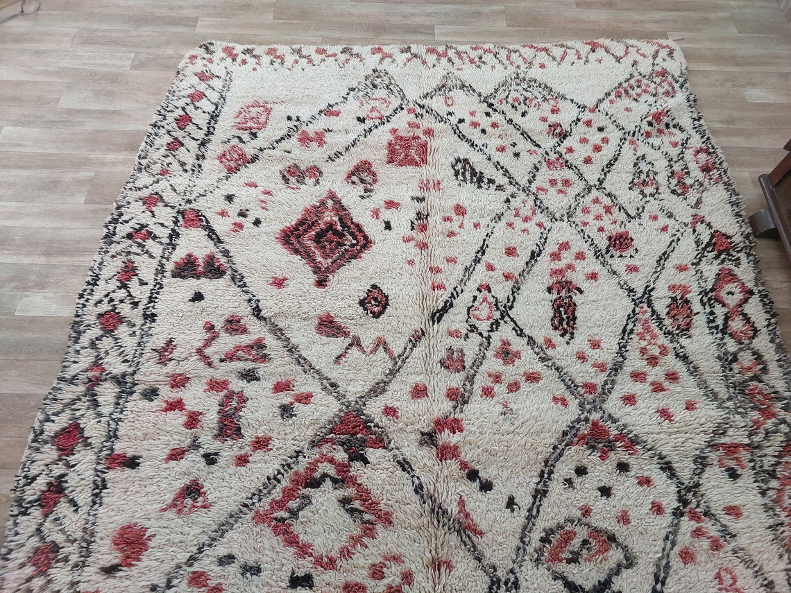 Berber Geometric Rug 6'10"X8'10" Wool: Handmade Moroccan Seghrouchen, Ivory Area Bohemian Decor, Traditional Artisan Statement MoroccanBazzArts