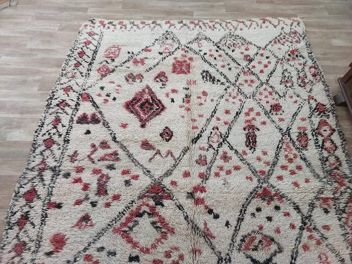 Berber Geometric Rug 6'10"X8'10" Wool: Handmade Moroccan Seghrouchen, Ivory Area Bohemian Decor, Traditional Artisan Statement MoroccanBazzArts