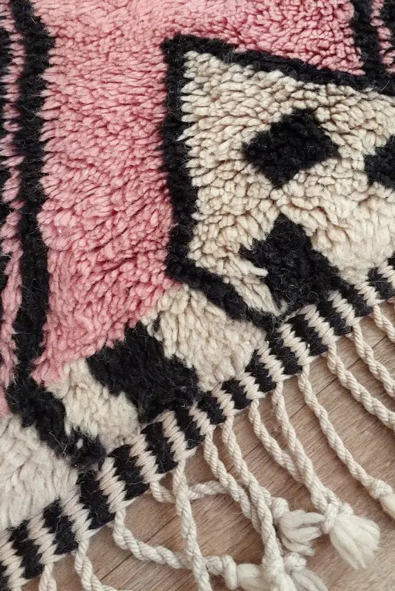 Handwoven Moroccan Area Rug: Soft Beige, Pink & Black Geometric Pattern - Elegant Living Room Decor MoroccanBazzArts