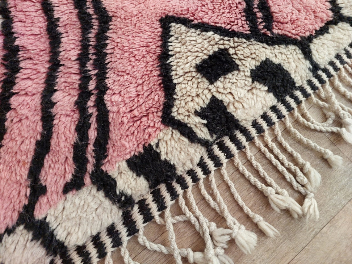 Handwoven Moroccan Area Rug: Soft Beige, Pink & Black Geometric Pattern - Elegant Living Room Decor MoroccanBazzArts