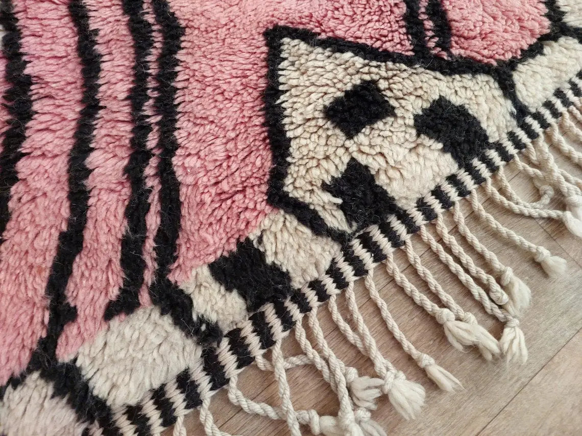 Handwoven Moroccan Area Rug: Soft Beige, Pink & Black Geometric Pattern - Elegant Living Room Decor MoroccanBazzArts