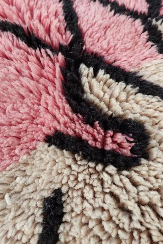 Handwoven Moroccan Area Rug: Soft Beige, Pink & Black Geometric Pattern - Elegant Living Room Decor MoroccanBazzArts