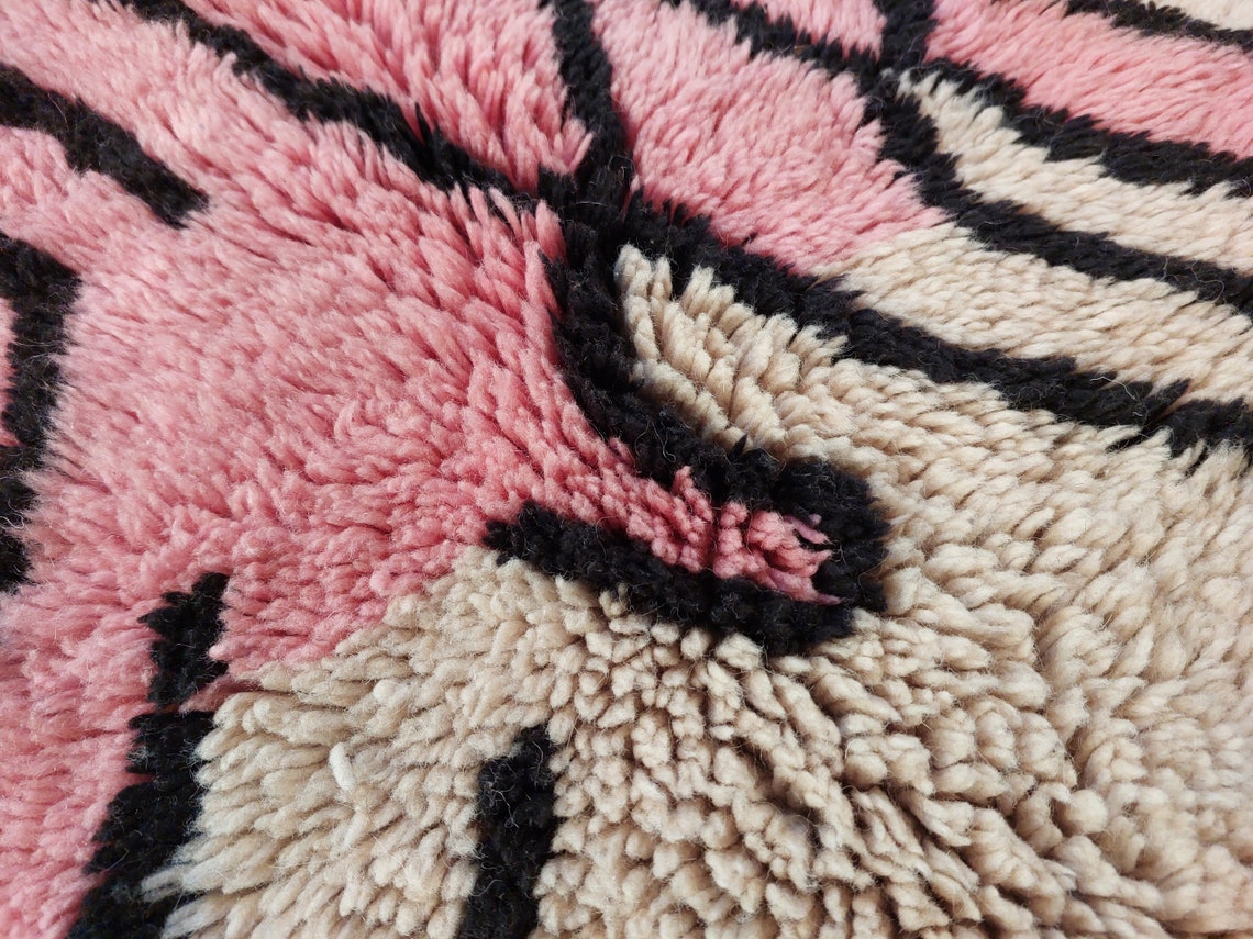 Handwoven Moroccan Area Rug: Soft Beige, Pink & Black Geometric Pattern - Elegant Living Room Decor MoroccanBazzArts