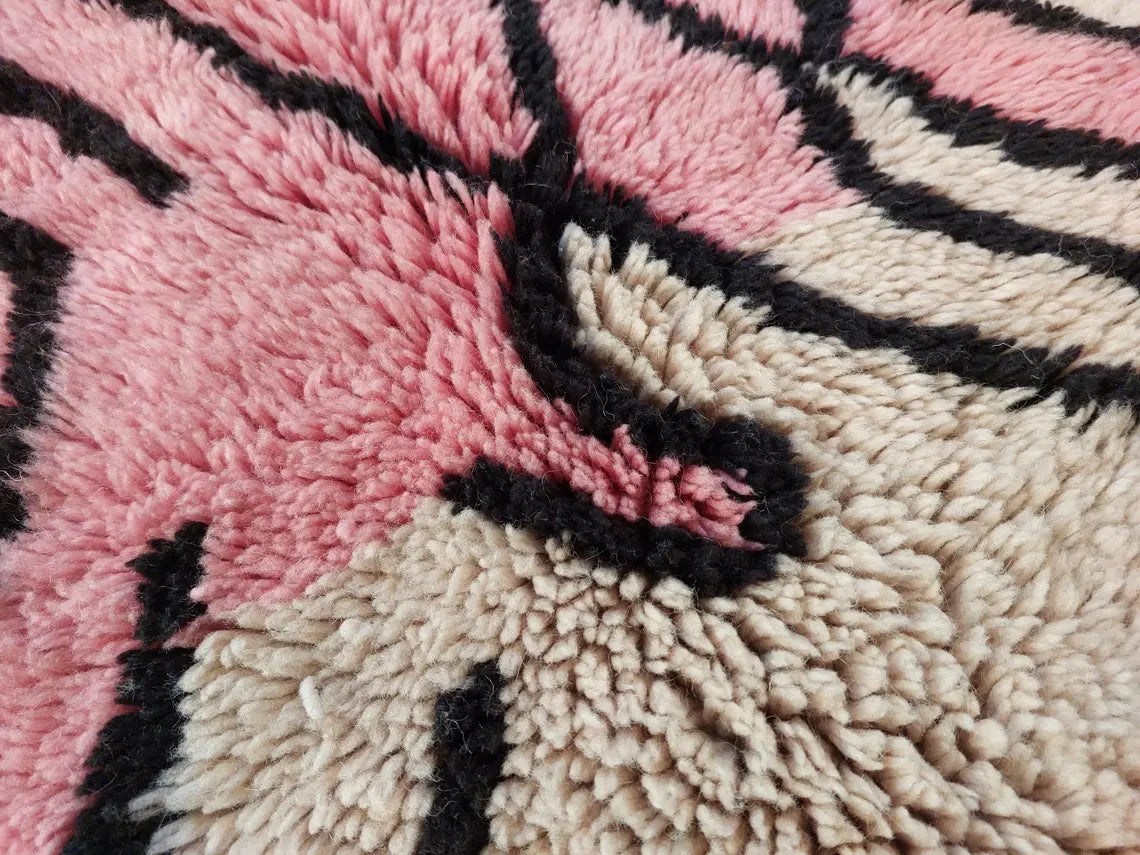Handwoven Moroccan Area Rug: Soft Beige, Pink & Black Geometric Pattern - Elegant Living Room Decor MoroccanBazzArts