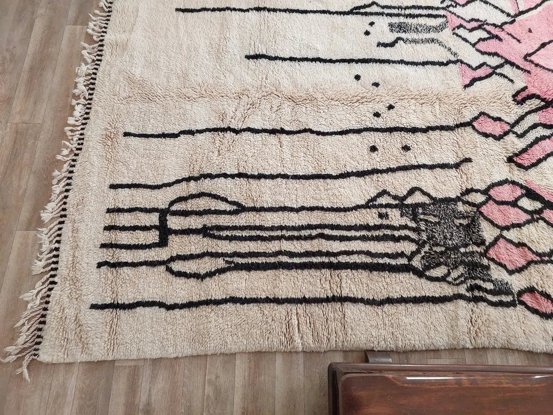 Handwoven Moroccan Area Rug: Soft Beige, Pink & Black Geometric Pattern - Elegant Living Room Decor MoroccanBazzArts