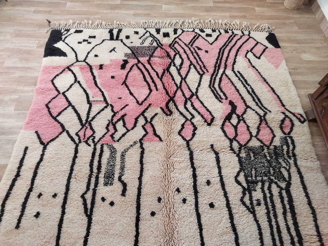 Handwoven Moroccan Area Rug: Soft Beige, Pink & Black Geometric Pattern - Elegant Living Room Decor MoroccanBazzArts