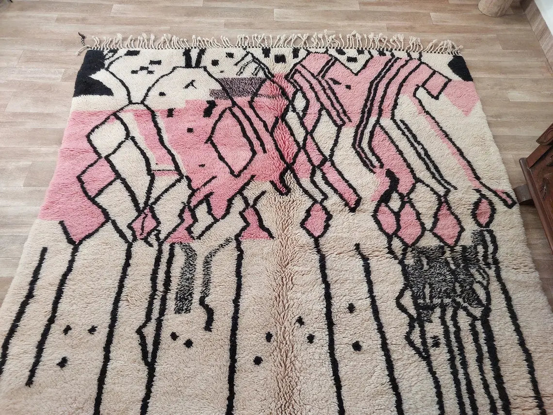 Handwoven Moroccan Area Rug: Soft Beige, Pink & Black Geometric Pattern - Elegant Living Room Decor MoroccanBazzArts