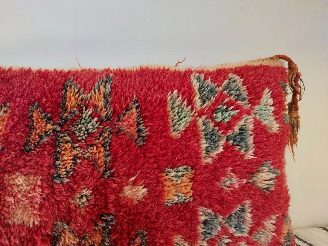 Vintage Ait Bou Ichaouen Cushion: Double-sided Handmade Moroccan Berber Wool Pillow Case In Red And Pink MoroccanBazzArts