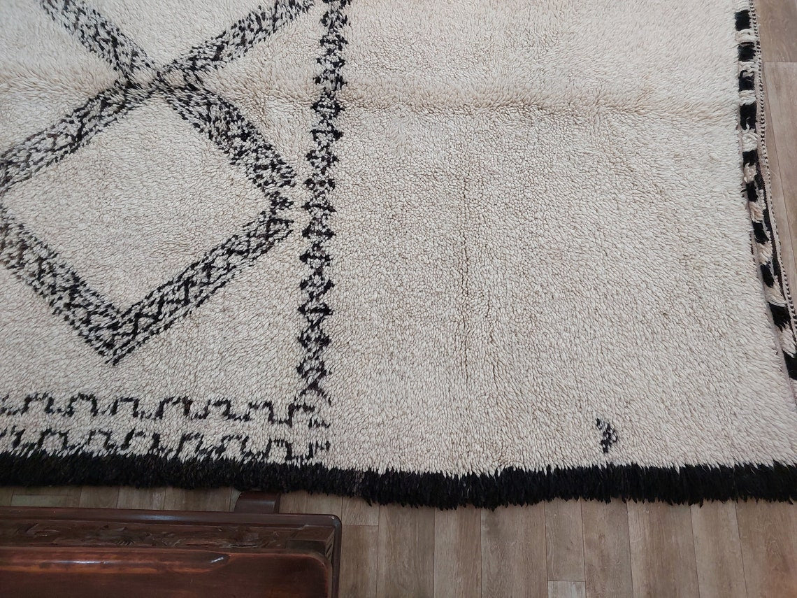 Beni Ourain Rug Handknotted Wool: Authentic Vintage Moroccan Carpet 6'6"X11'1" Lamb Wool MoroccanBazzArts