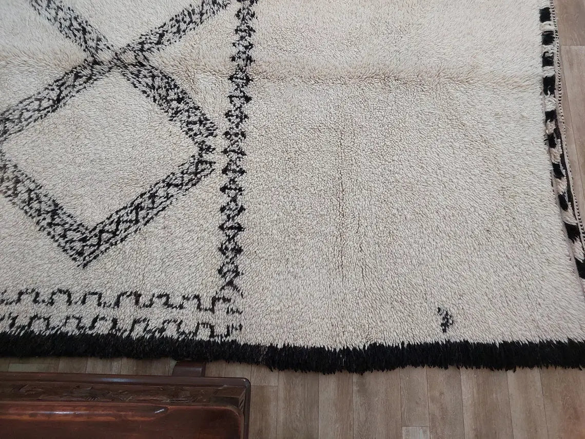 Beni Ourain Rug Handknotted Wool: Authentic Vintage Moroccan Carpet 6'6"X11'1" Lamb Wool MoroccanBazzArts