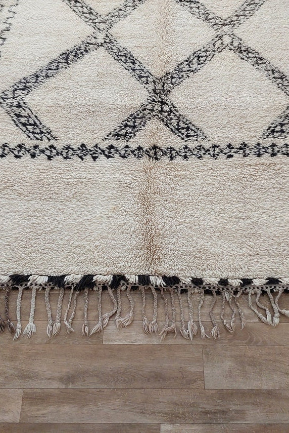 Beni Ourain Rug Handknotted Wool: Authentic Vintage Moroccan Carpet 6'6"X11'1" Lamb Wool MoroccanBazzArts