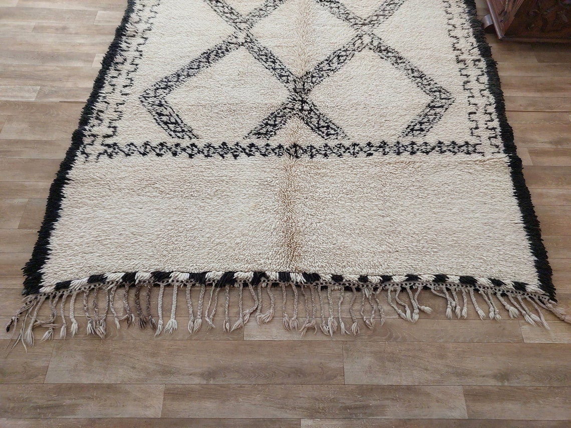 Beni Ourain Rug Handknotted Wool: Authentic Vintage Moroccan Carpet 6'6"X11'1" Lamb Wool MoroccanBazzArts