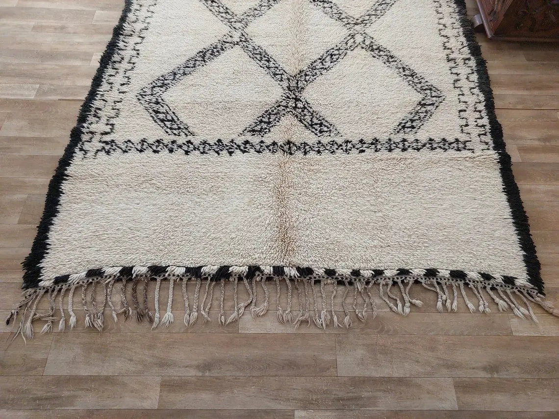 Beni Ourain Rug Handknotted Wool: Authentic Vintage Moroccan Carpet 6'6"X11'1" Lamb Wool MoroccanBazzArts