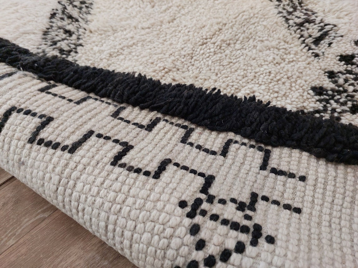 Beni Ourain Rug Handknotted Wool: Authentic Vintage Moroccan Carpet 6'6"X11'1" Lamb Wool MoroccanBazzArts