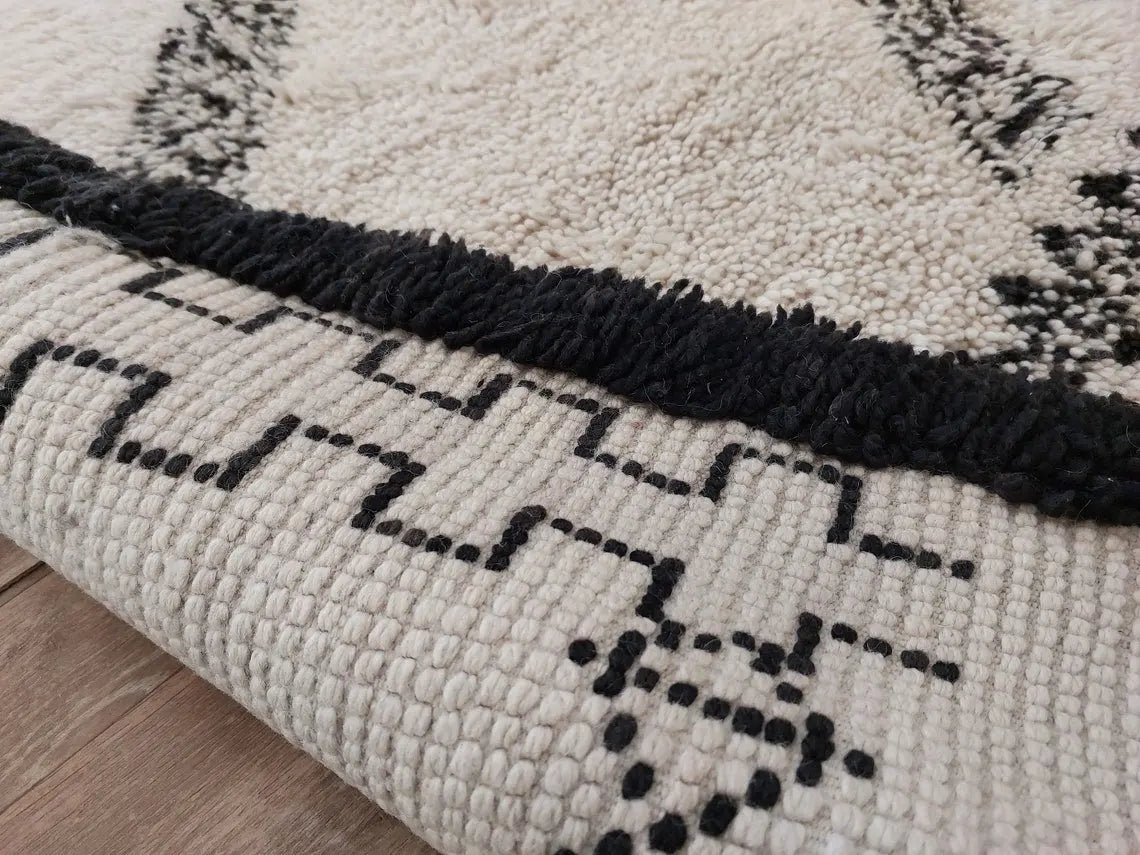Beni Ourain Rug Handknotted Wool: Authentic Vintage Moroccan Carpet 6'6"X11'1" Lamb Wool MoroccanBazzArts