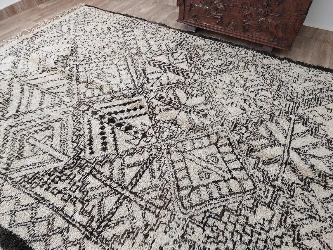 Beni Ourain Moroccan Wool Rug: Large Handwoven Geometric Ivory Brown Area Decor MoroccanBazzArts