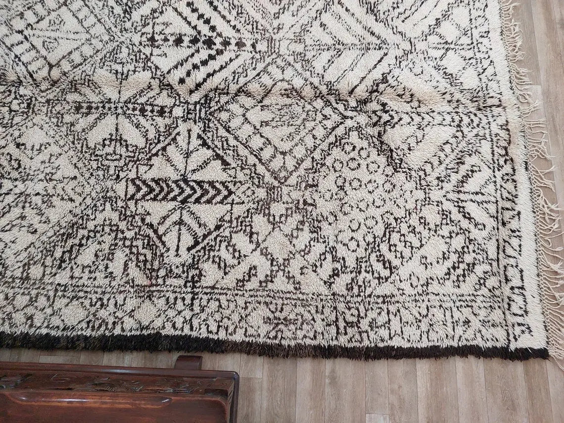 Beni Ourain Moroccan Wool Rug: Large Handwoven Geometric Ivory Brown Area Decor MoroccanBazzArts